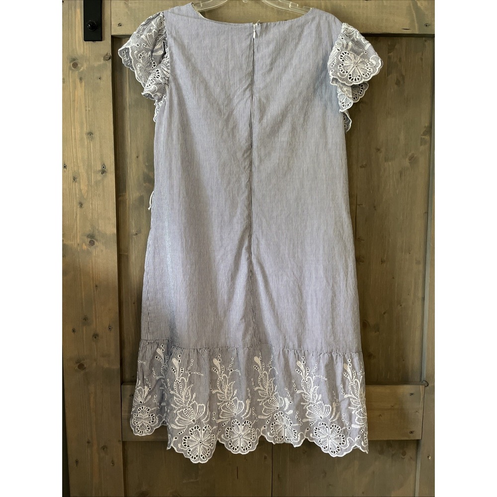 Ralph Lauren Dress Women's Size 12 Blue White Stripe Flutter Sleeve Eyelet Lined - Picture 7 of 16